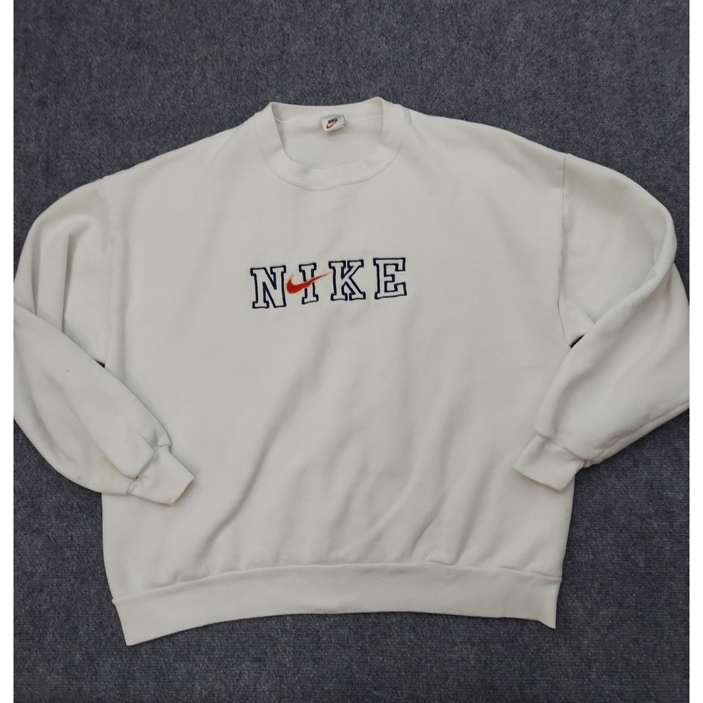 VTG NIKE Sweatshirt Mens 2XL White USA Made Crew Neck Oversized Embroidery STAIN